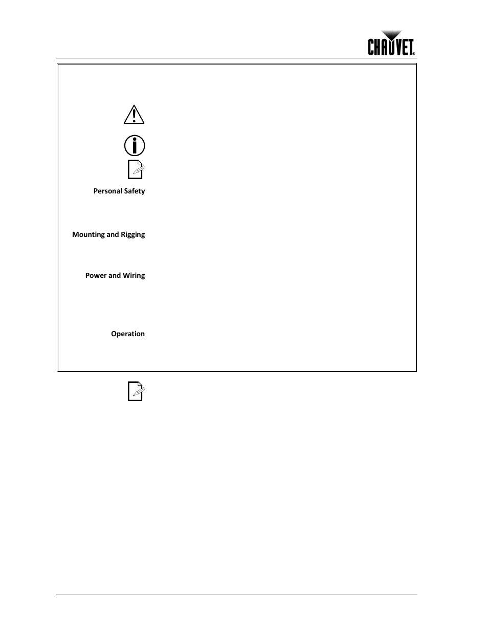 Safety notes, Expected led lifespan, Before you begin | Personal safety, Mounting and rigging, Power and wiring, Operation | Chauvet COLORADO 1-TRI IP User Manual | Page 6 / 28
