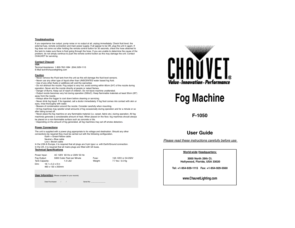 Chauvet F-1050 User Manual | 3 pages