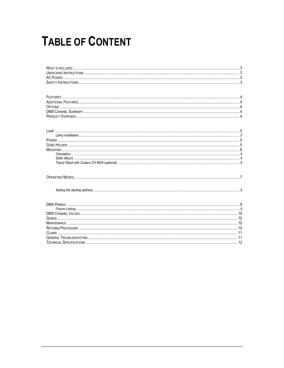 Able of, Ontent | Chauvet TFX-FS360 User Manual | Page 2 / 12