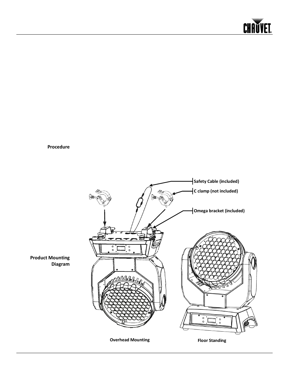 Mounting, Orientation, Rigging | Setup, Procedure, Product mounting diagram | Chauvet Q-WASH 360Z-LED User Manual | Page 12 / 26