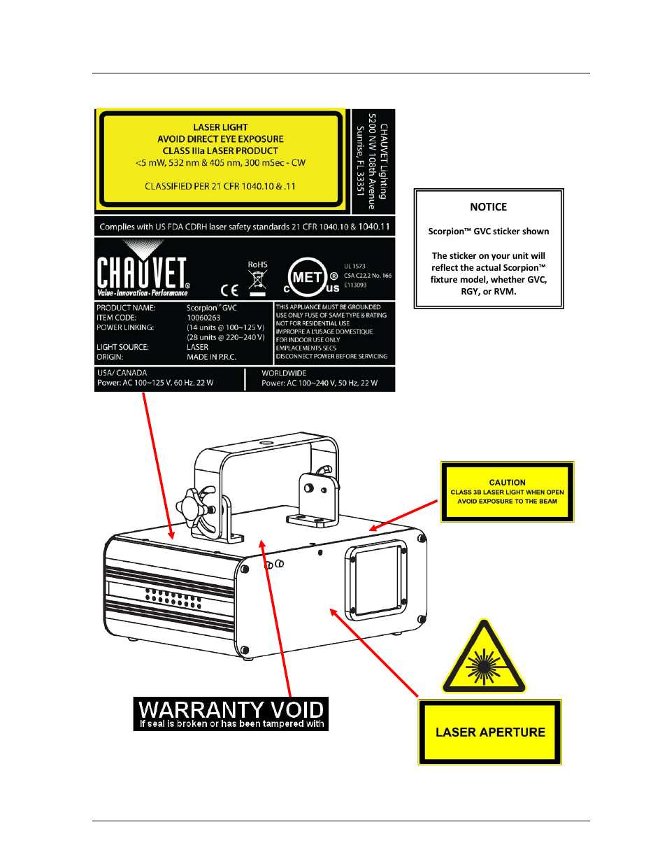 Laser safety labels, Notice | Chauvet SCORPION GVC User Manual | Page 7 / 26