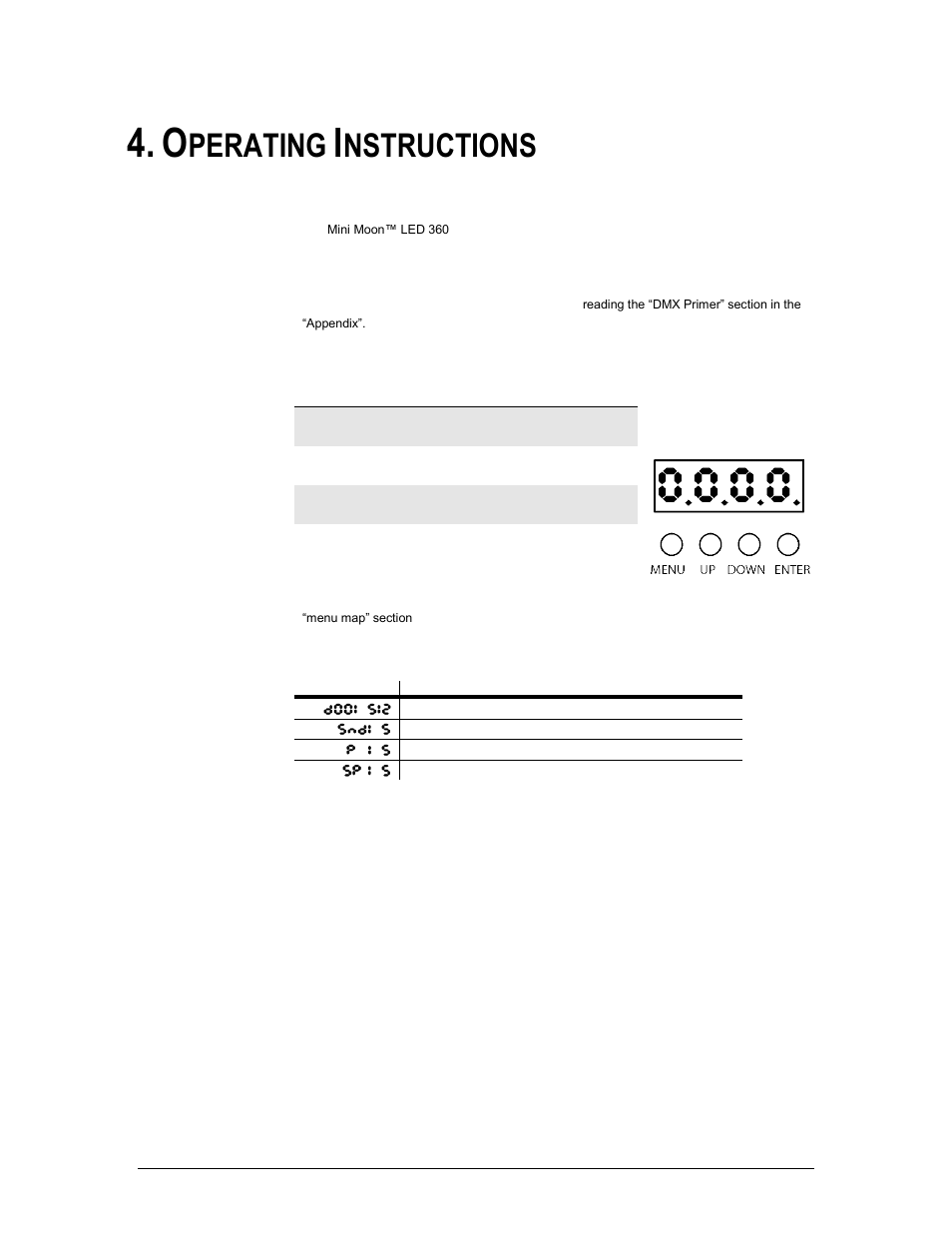 Operating instructions, Onfiguring the, Tarting | Ddress, Perating, Nstructions, Configuring the starting address, Menu map | Chauvet LED 360 User Manual | Page 9 / 18