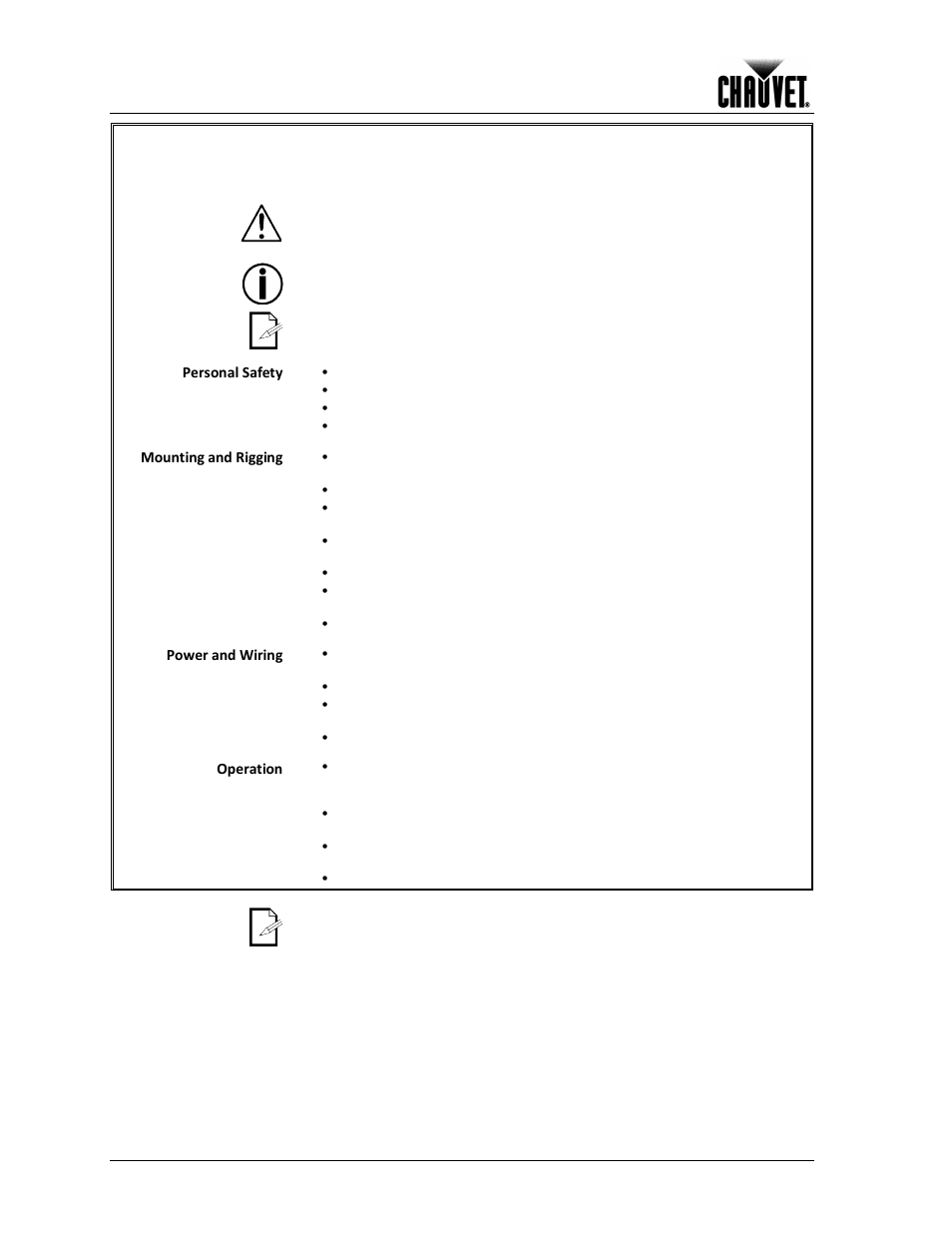 Safety notes, Expected led lifespan, Before you begin | Personal safety, Mounting and rigging, Power and wiring, Operation | Chauvet 160-LED User Manual | Page 6 / 24