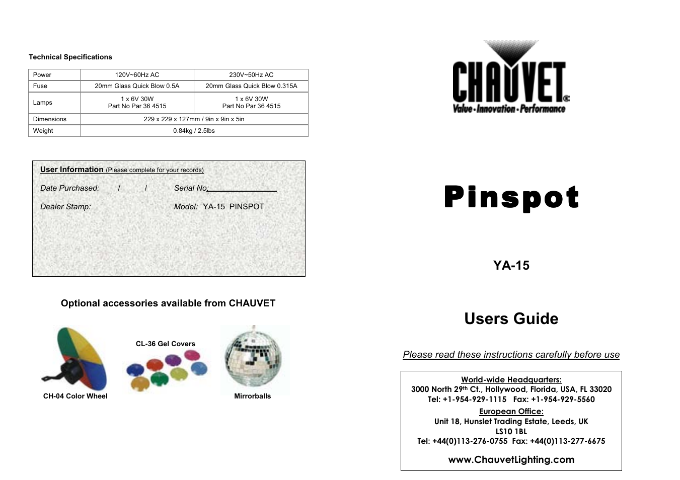 Chauvet YA-15 User Manual | 2 pages