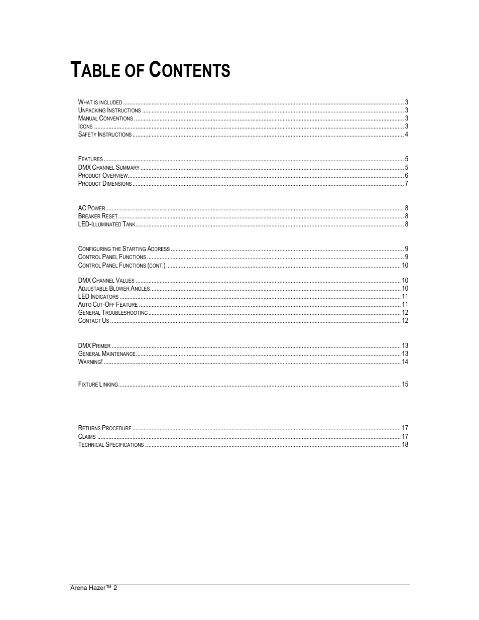 Able of, Ontents | Chauvet HAZER 2 User Manual | Page 2 / 18