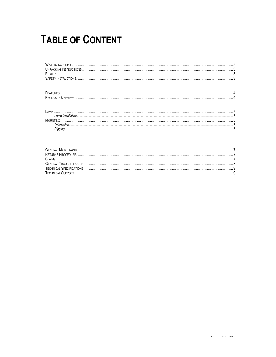 Table of content, Able of, Ontent | Chauvet ABYSS JR. CH-222 User Manual | Page 2 / 9