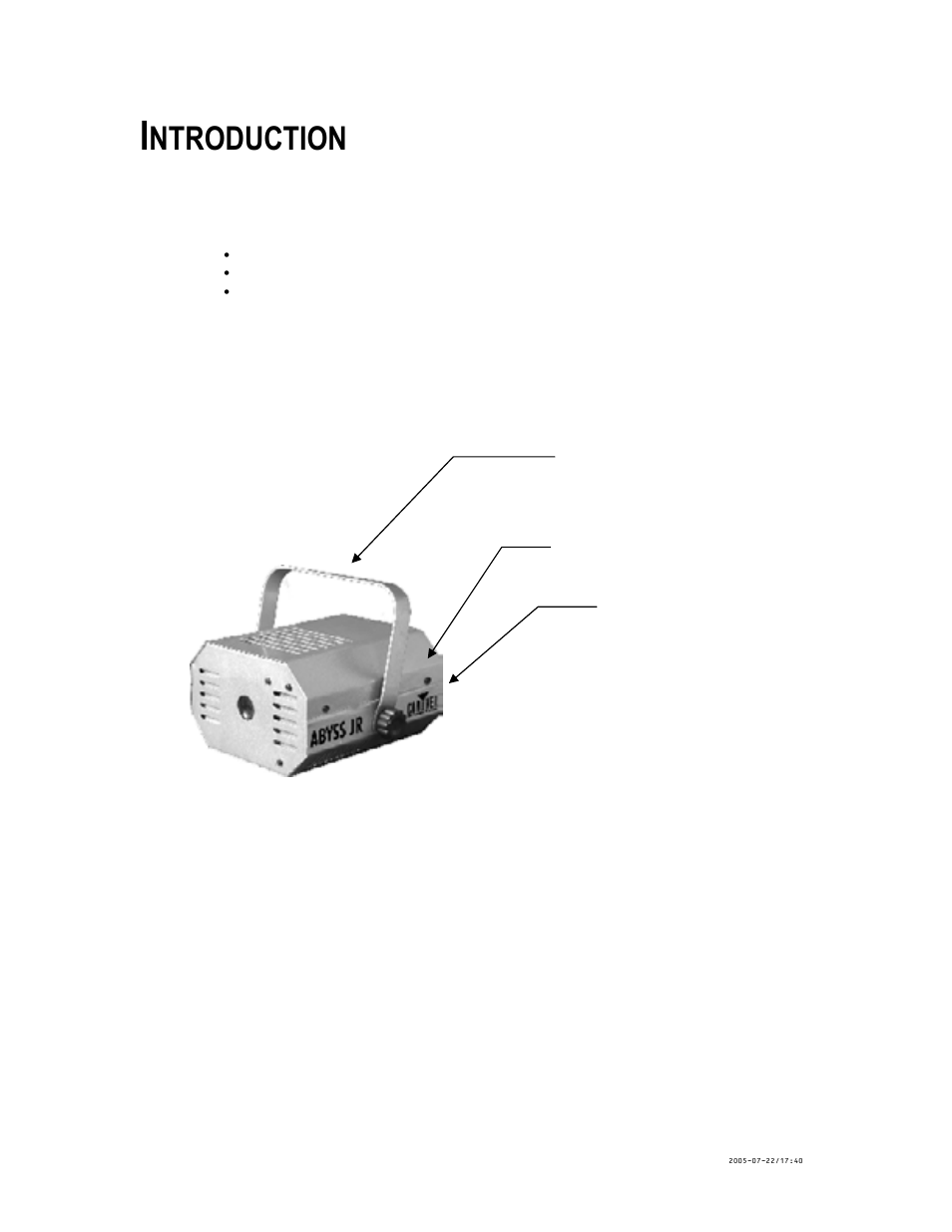 Introduction, Features, Product overview | Eatures, Roduct, Verview, Ntroduction | Chauvet ABYSS JR. CH-222 User Manual | Page 4 / 9