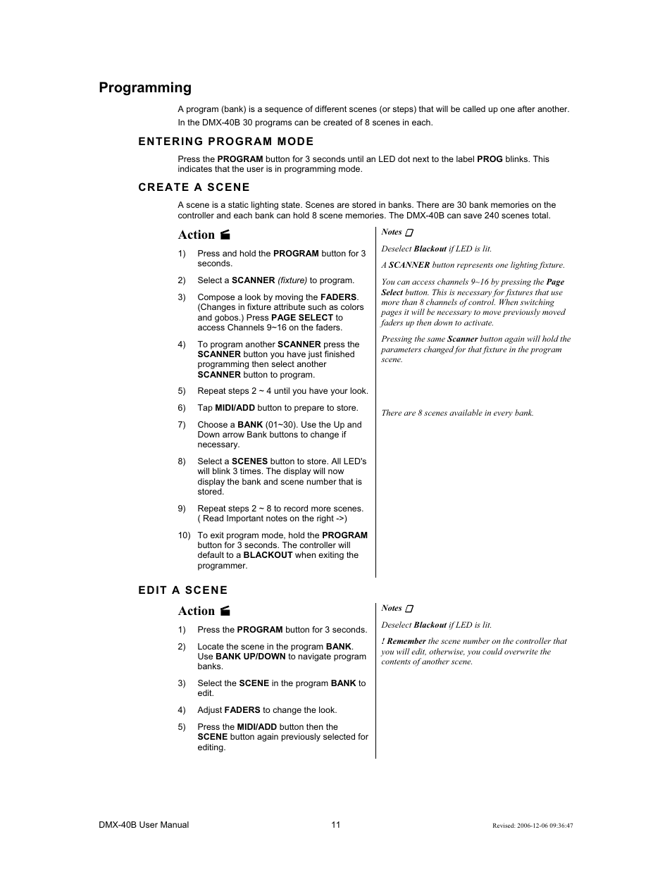 Programming, Action | Chauvet DMX-40B User Manual | Page 11 / 22