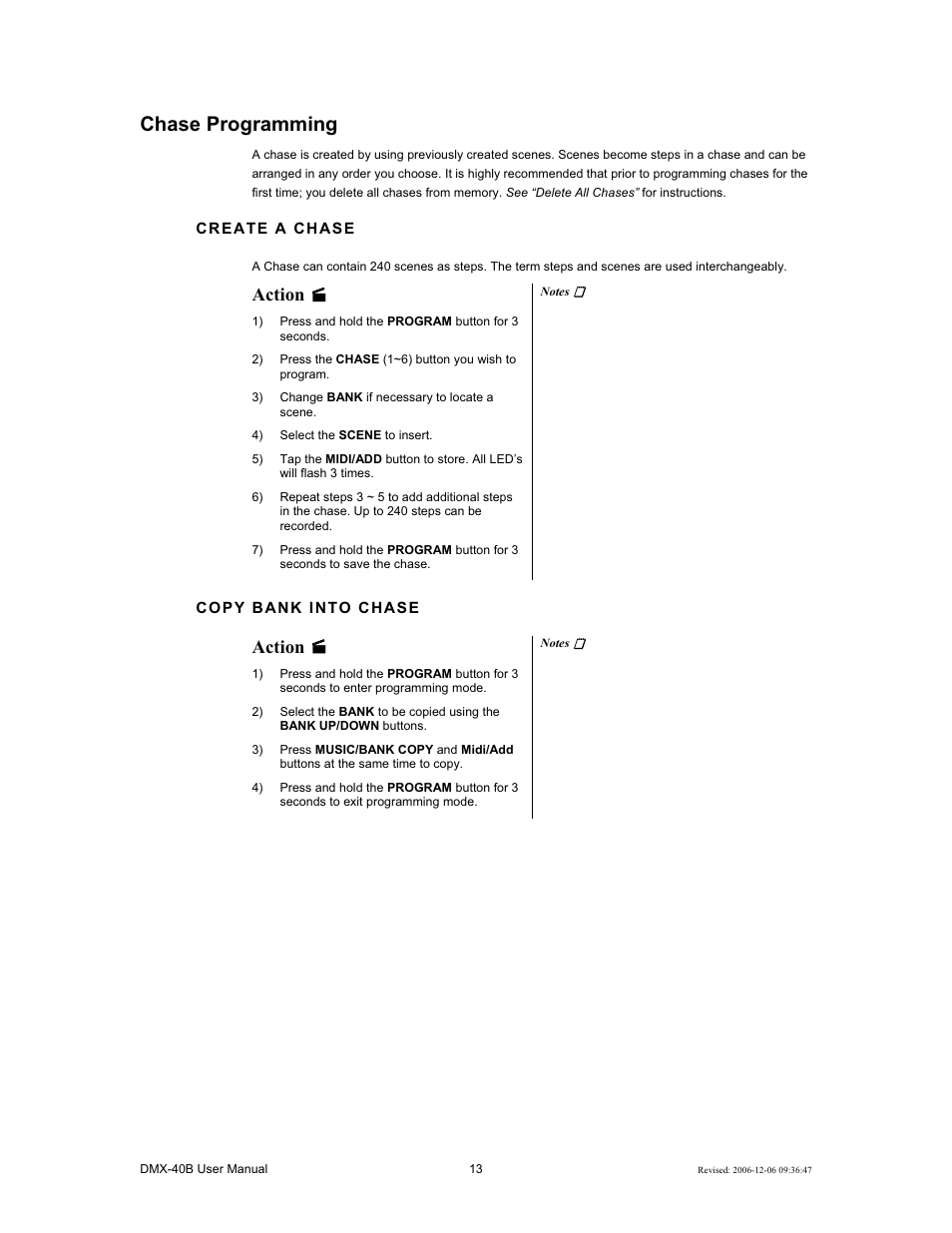 Chase programming, Action | Chauvet DMX-40B User Manual | Page 13 / 22