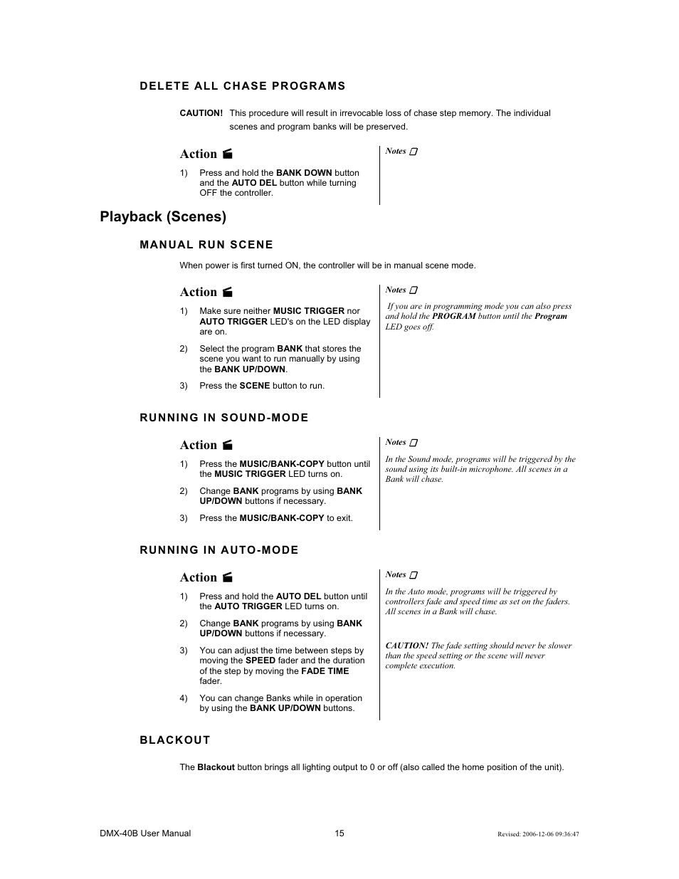 Playback (scenes), Action | Chauvet DMX-40B User Manual | Page 15 / 22