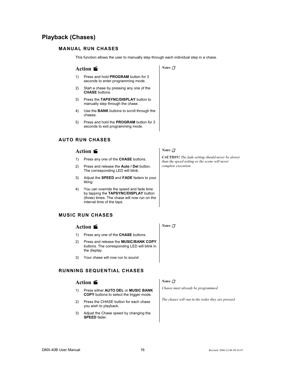 Playback (chases), Action | Chauvet DMX-40B User Manual | Page 16 / 22