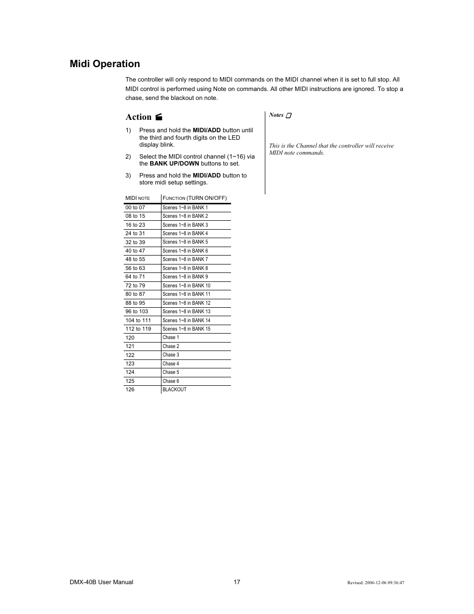 Midi operation, Action | Chauvet DMX-40B User Manual | Page 17 / 22