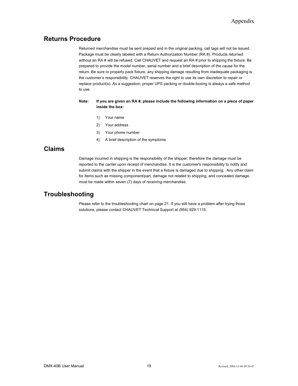 Returns procedure, Claims, Troubleshooting | Appendix | Chauvet DMX-40B User Manual | Page 19 / 22