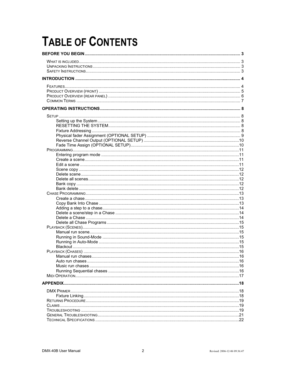 Able of, Ontents | Chauvet DMX-40B User Manual | Page 2 / 22