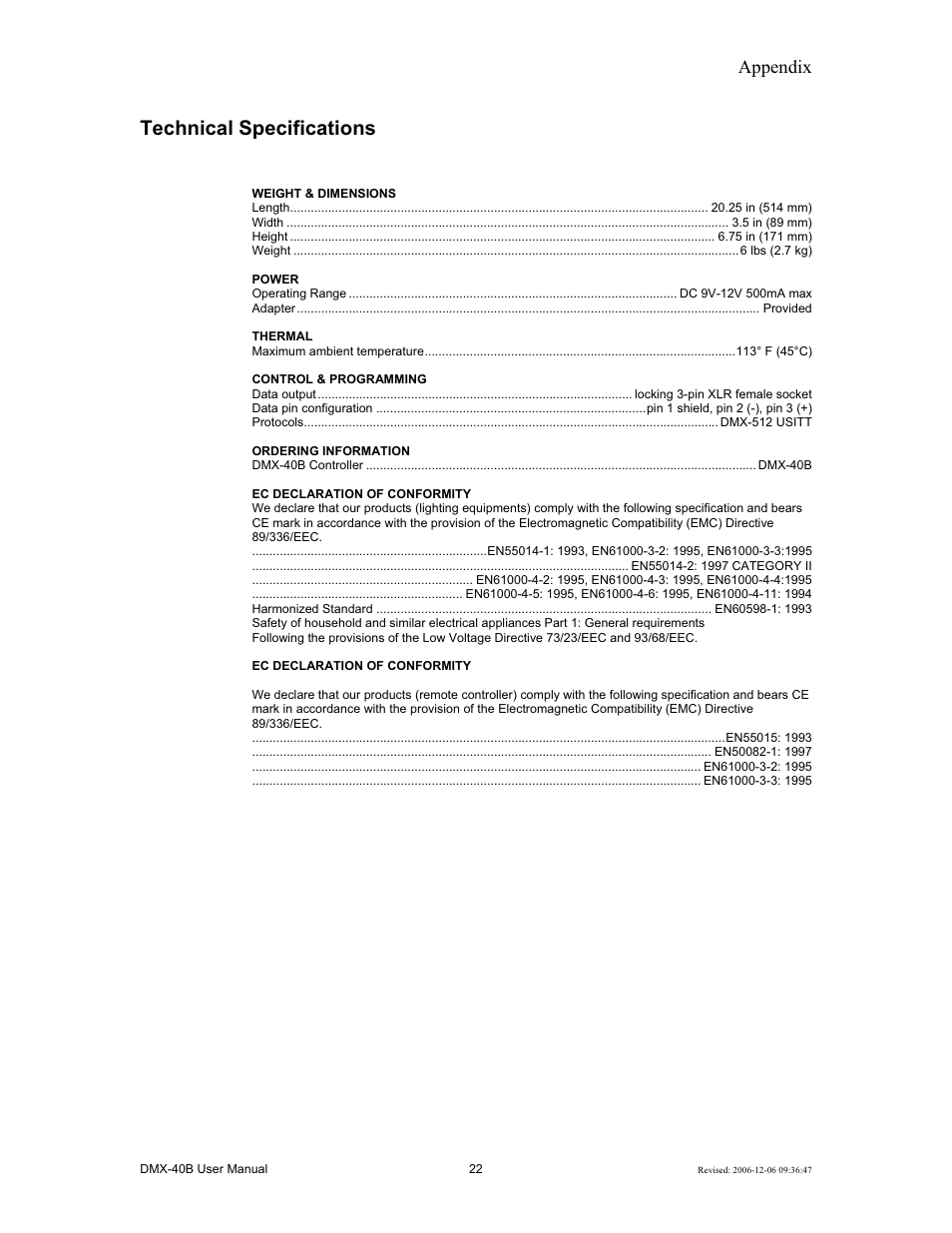 Technical specifications, Appendix | Chauvet DMX-40B User Manual | Page 22 / 22