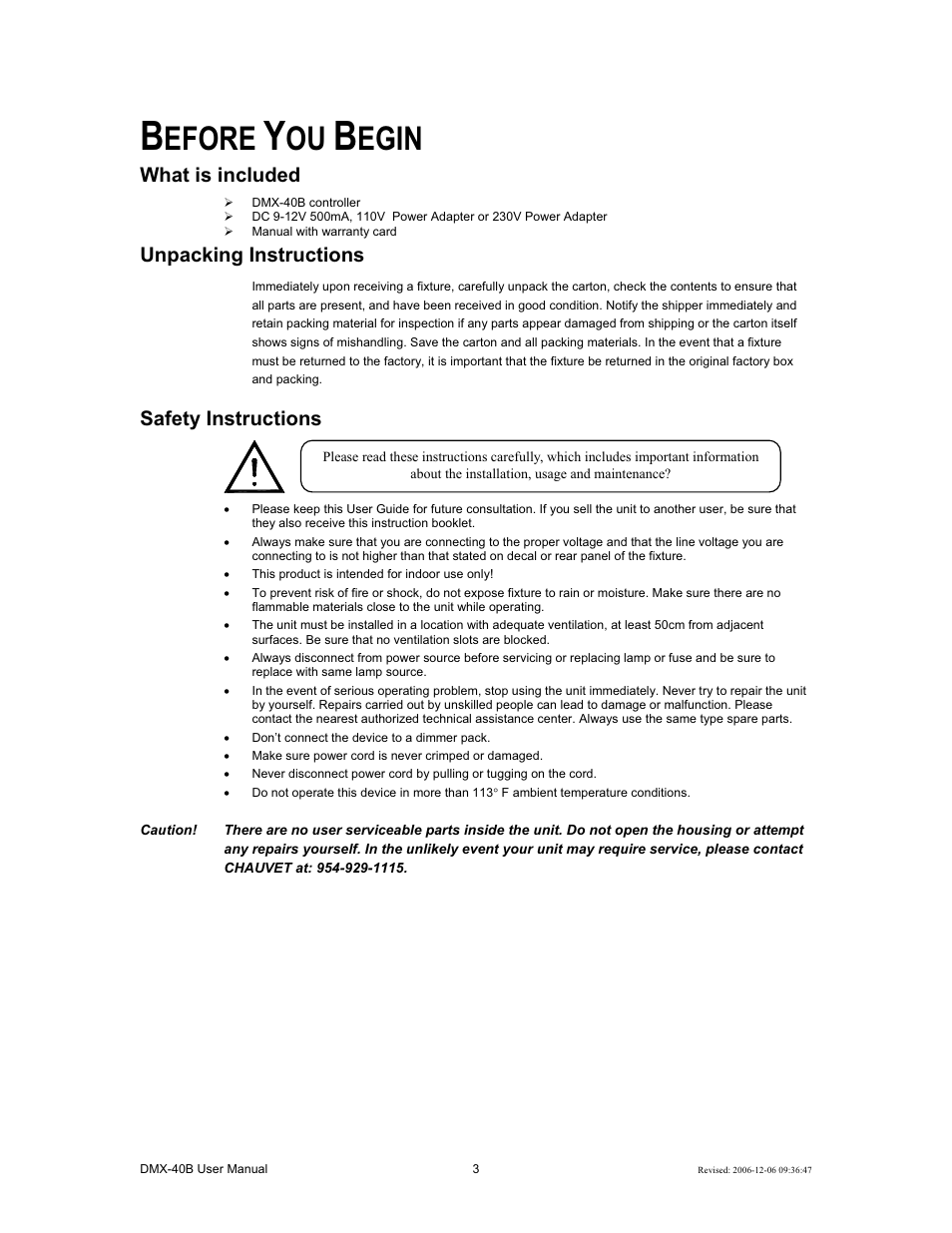 Efore, Egin, What is included | Unpacking instructions, Safety instructions | Chauvet DMX-40B User Manual | Page 3 / 22