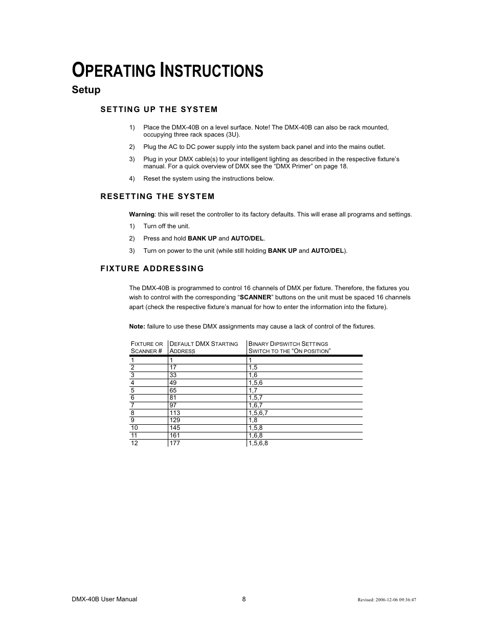 Perating, Nstructions, Setup | Chauvet DMX-40B User Manual | Page 8 / 22