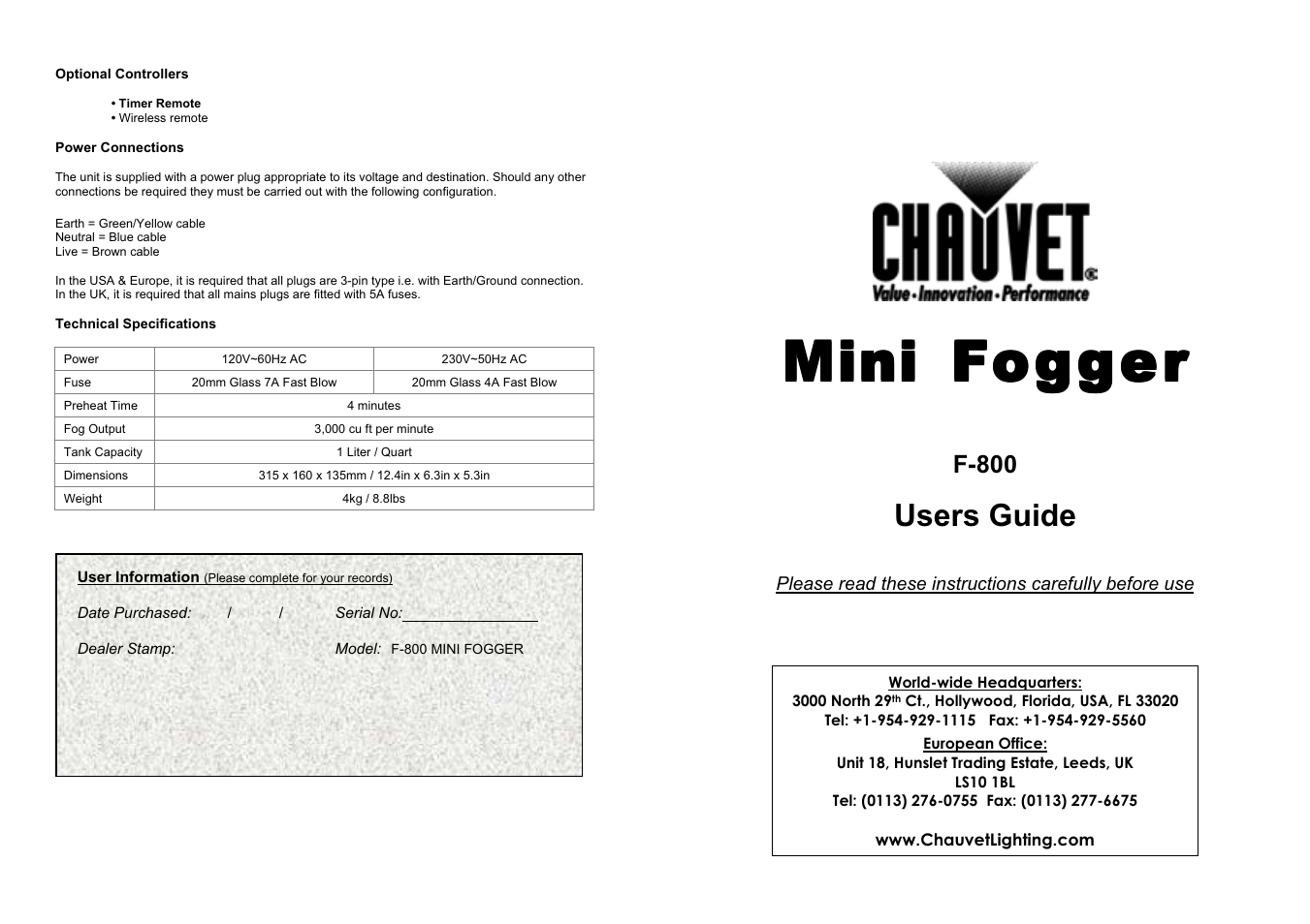 Chauvet F-800 User Manual | 2 pages