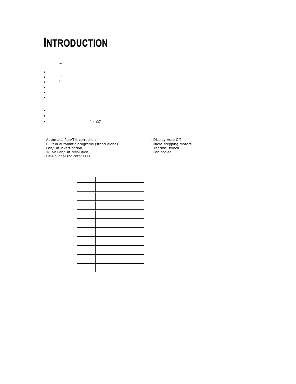 Introduction, Technical features, Features | Dmx channel summary, Ntroduction | Chauvet Q-WASH 250 User Manual | Page 4 / 16