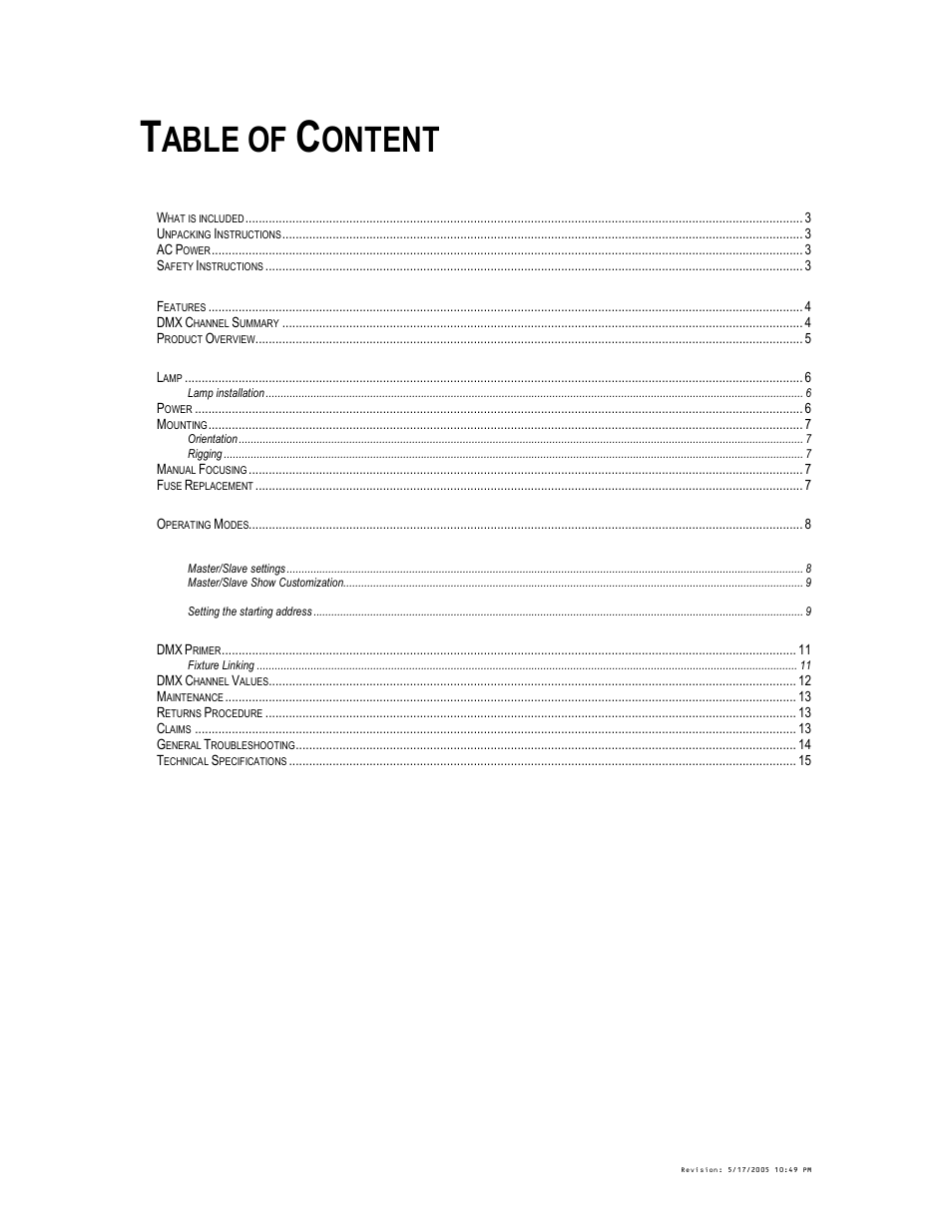 Able of, Ontent | Chauvet DMX-250C User Manual | Page 2 / 15
