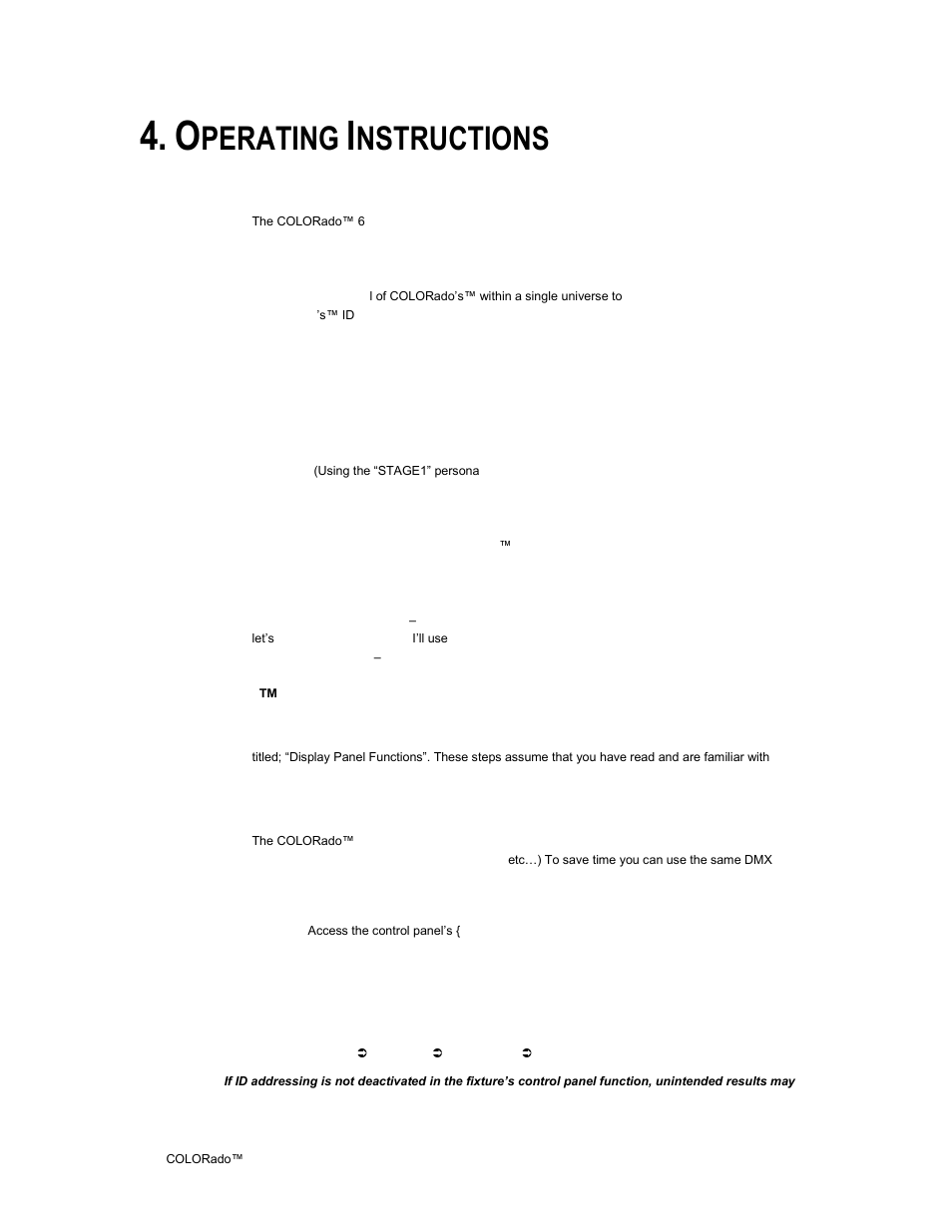 Operating instructions, Ontrol, Ptions | Adas, Verview, Color, Uick, Etup, Dmx control without id address, Perating | Chauvet 6 User Manual | Page 14 / 34