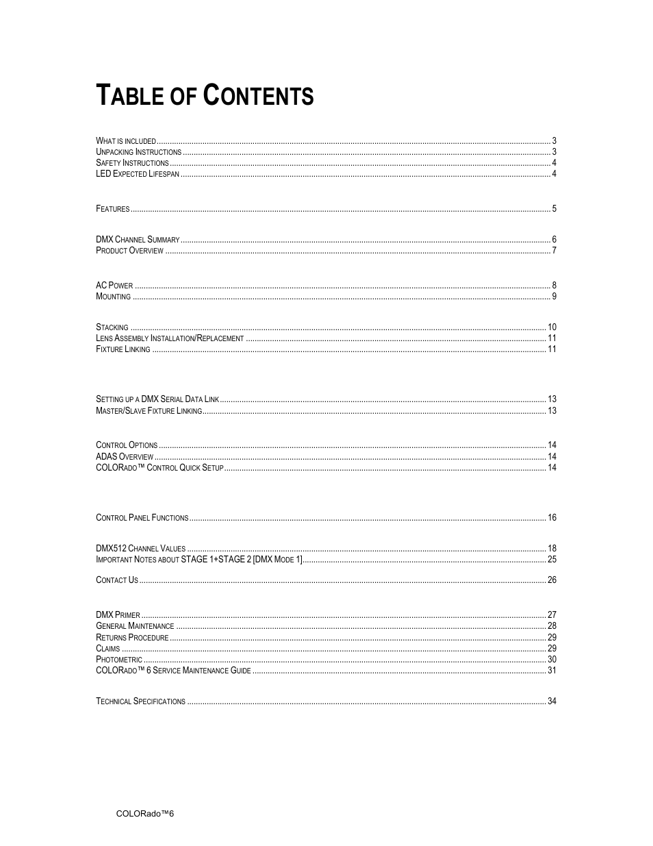 Able of, Ontents | Chauvet 6 User Manual | Page 2 / 34