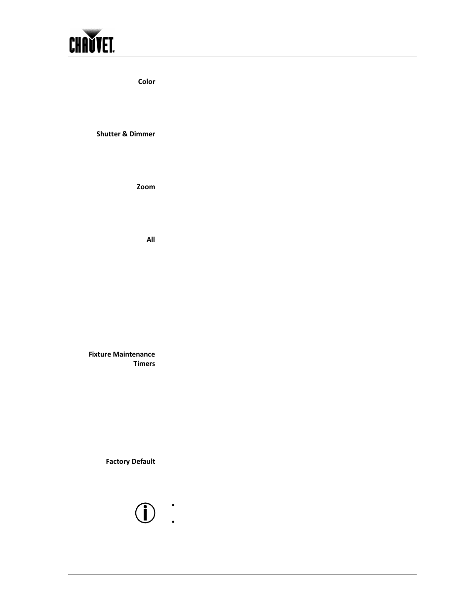 Special functions, Operation, Color | Shutter & dimmer, Zoom, Fixture maintenance timers, Factory default | Chauvet LEGEND 1200E User Manual | Page 21 / 30