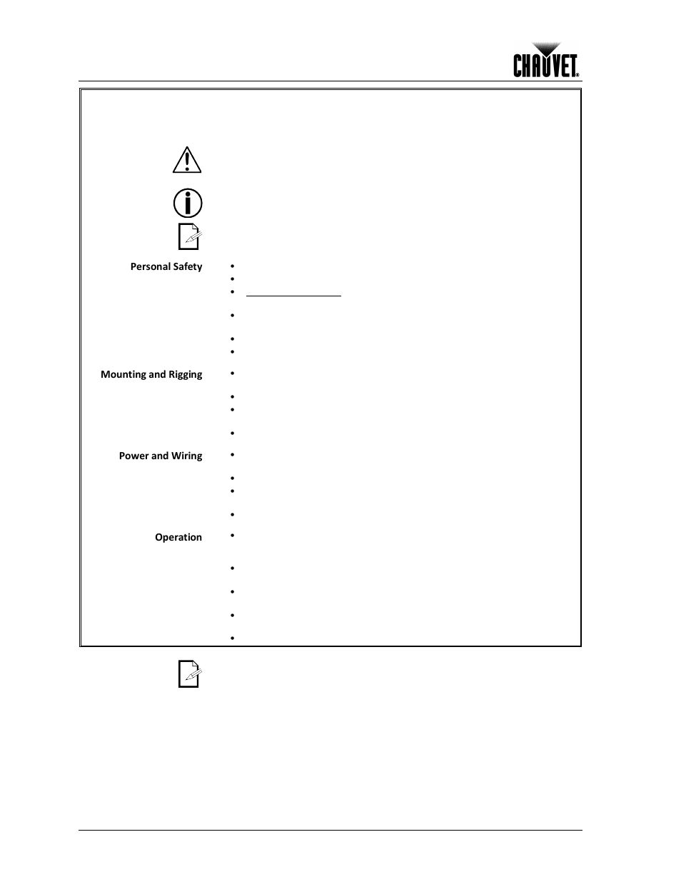 Safety notes, Before you begin, Personal safety | Mounting and rigging, Power and wiring, Operation | Chauvet LEGEND 1200E User Manual | Page 6 / 30