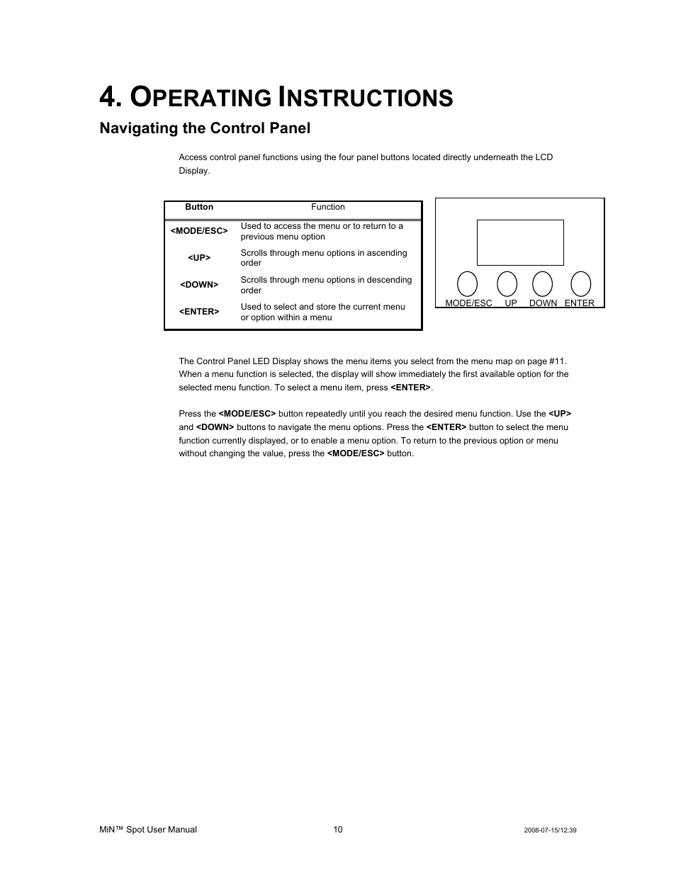 Operating instructions, Navigating the control panel, Perating | Nstructions | Chauvet MIN DMX512 User Manual | Page 10 / 19