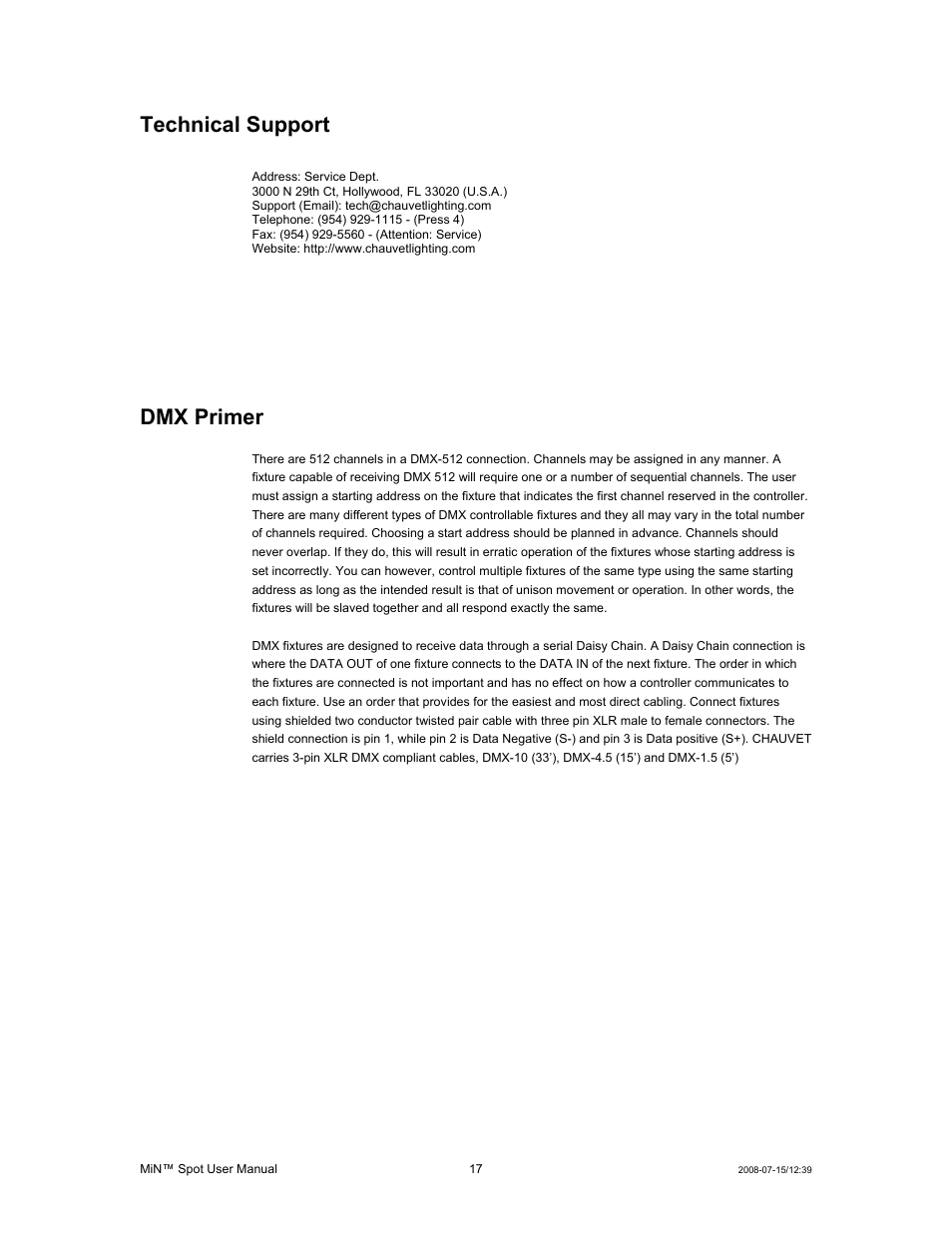Technical support, Appendix, Dmx primer | Ppendix | Chauvet MIN DMX512 User Manual | Page 17 / 19