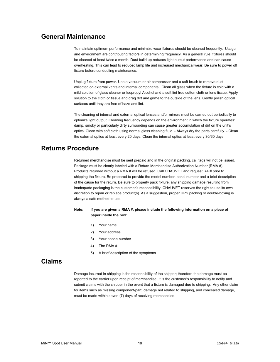 General maintenance, Returns procedure, Claims | General maintenance returns procedure claims | Chauvet MIN DMX512 User Manual | Page 18 / 19
