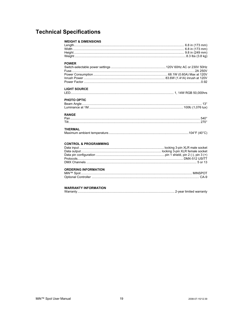 Technical specifications | Chauvet MIN DMX512 User Manual | Page 19 / 19