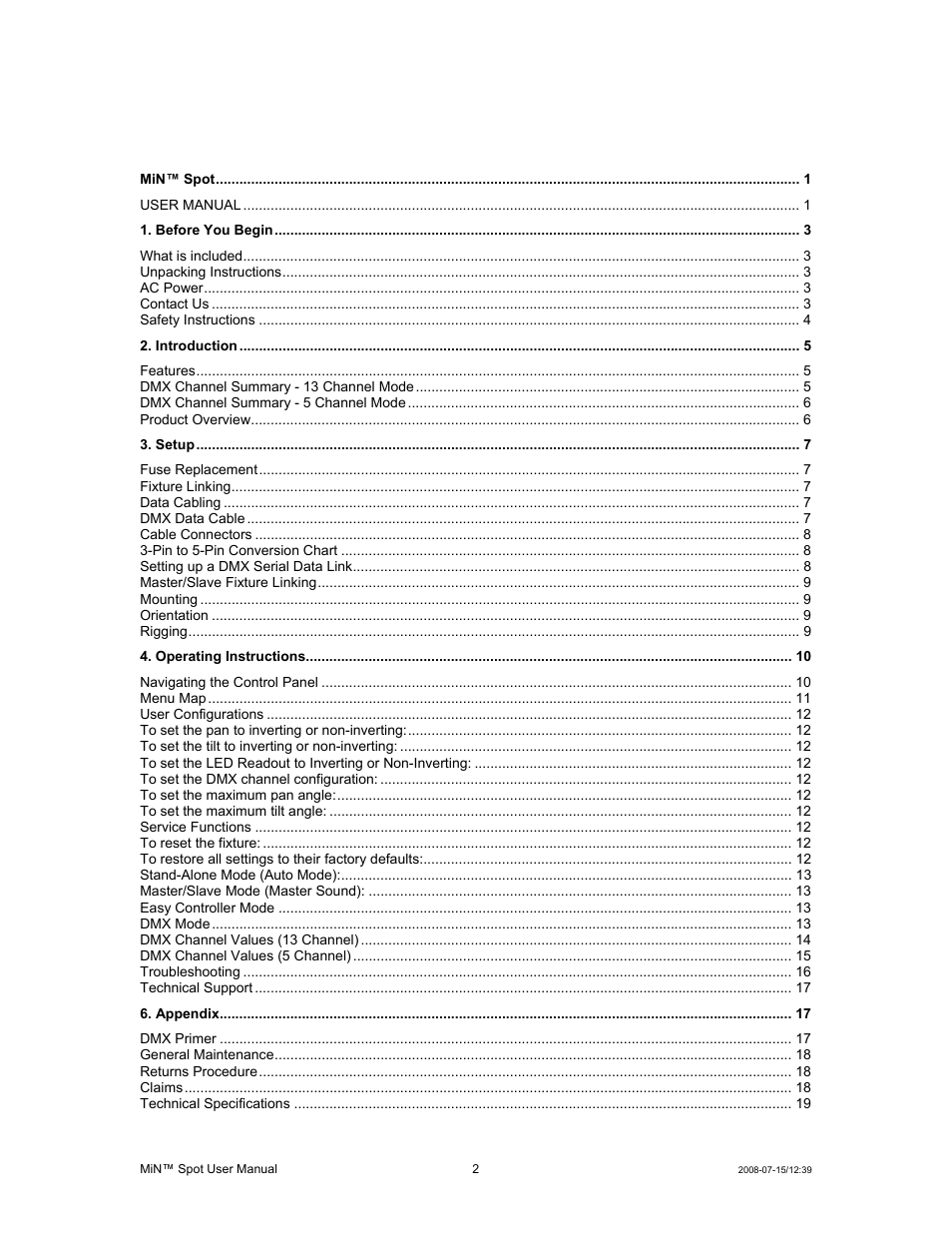 Able of, Ontents | Chauvet MIN DMX512 User Manual | Page 2 / 19