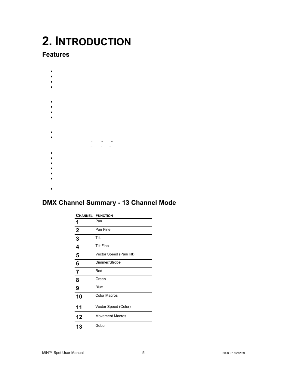 Introduction, Features, Dmx channel summary - 13 channel mode | Features dmx channel summary - 13 channel mode, Ntroduction | Chauvet MIN DMX512 User Manual | Page 5 / 19