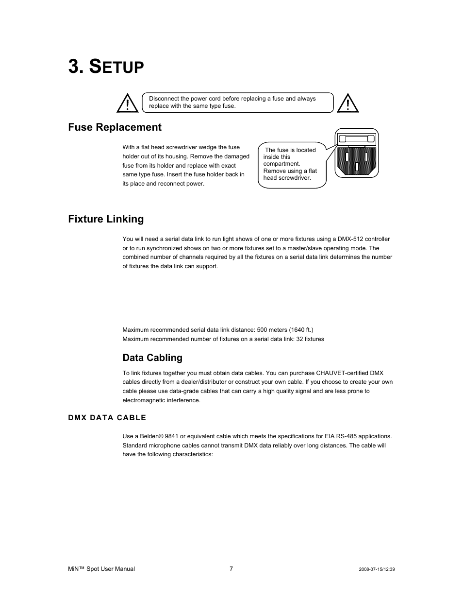 Setup, Fuse replacement, Fixture linking | Data cabling, Etup | Chauvet MIN DMX512 User Manual | Page 7 / 19