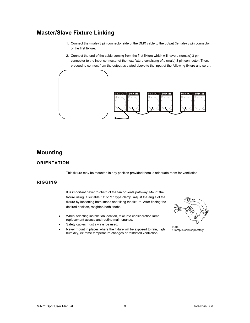 Master/slave fixture linking, Mounting | Chauvet MIN DMX512 User Manual | Page 9 / 19