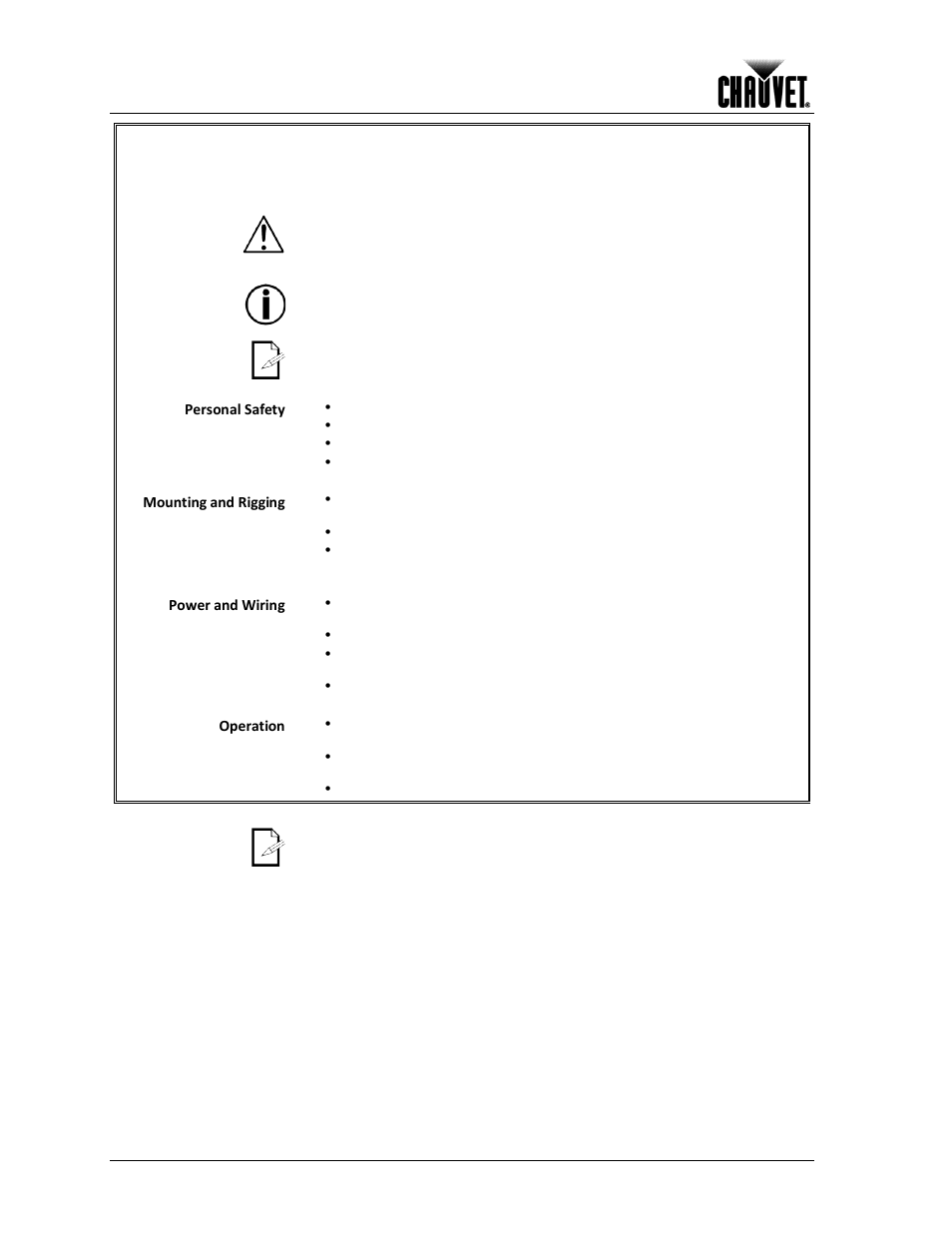 Safety notes, Expected led lifespan, Before you begin | Personal safety, Mounting and rigging, Power and wiring, Operation | Chauvet Work Light User Manual | Page 6 / 28
