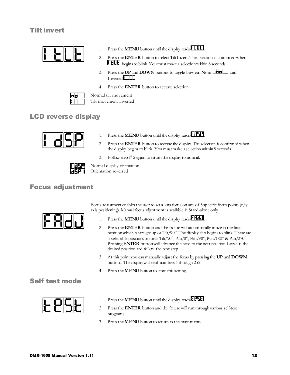 Tilt invert, Lcd reverse display, Focus adjustment | Self test mode | Chauvet LEGEND 250RX User Manual | Page 12 / 19