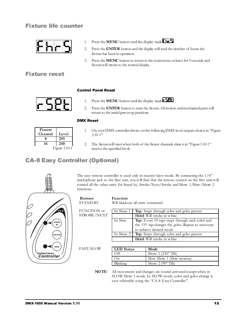 Fixture life counter, Fixture reset, Ca-8 easy controller (optional) | Chauvet LEGEND 250RX User Manual | Page 13 / 19