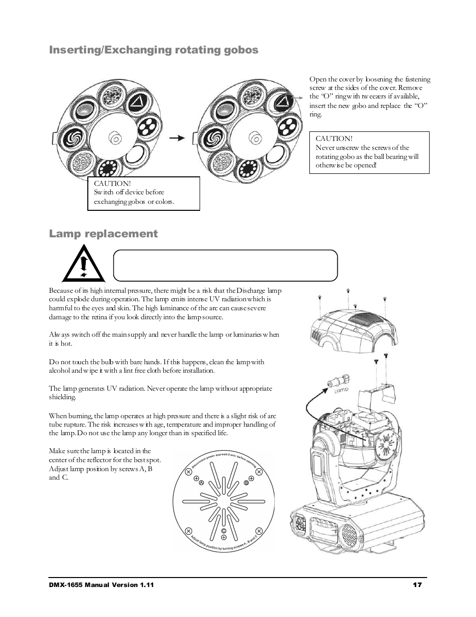 Ab c, Inserting/exchanging rotating gobos, Lamp replacement | Chauvet LEGEND 250RX User Manual | Page 17 / 19