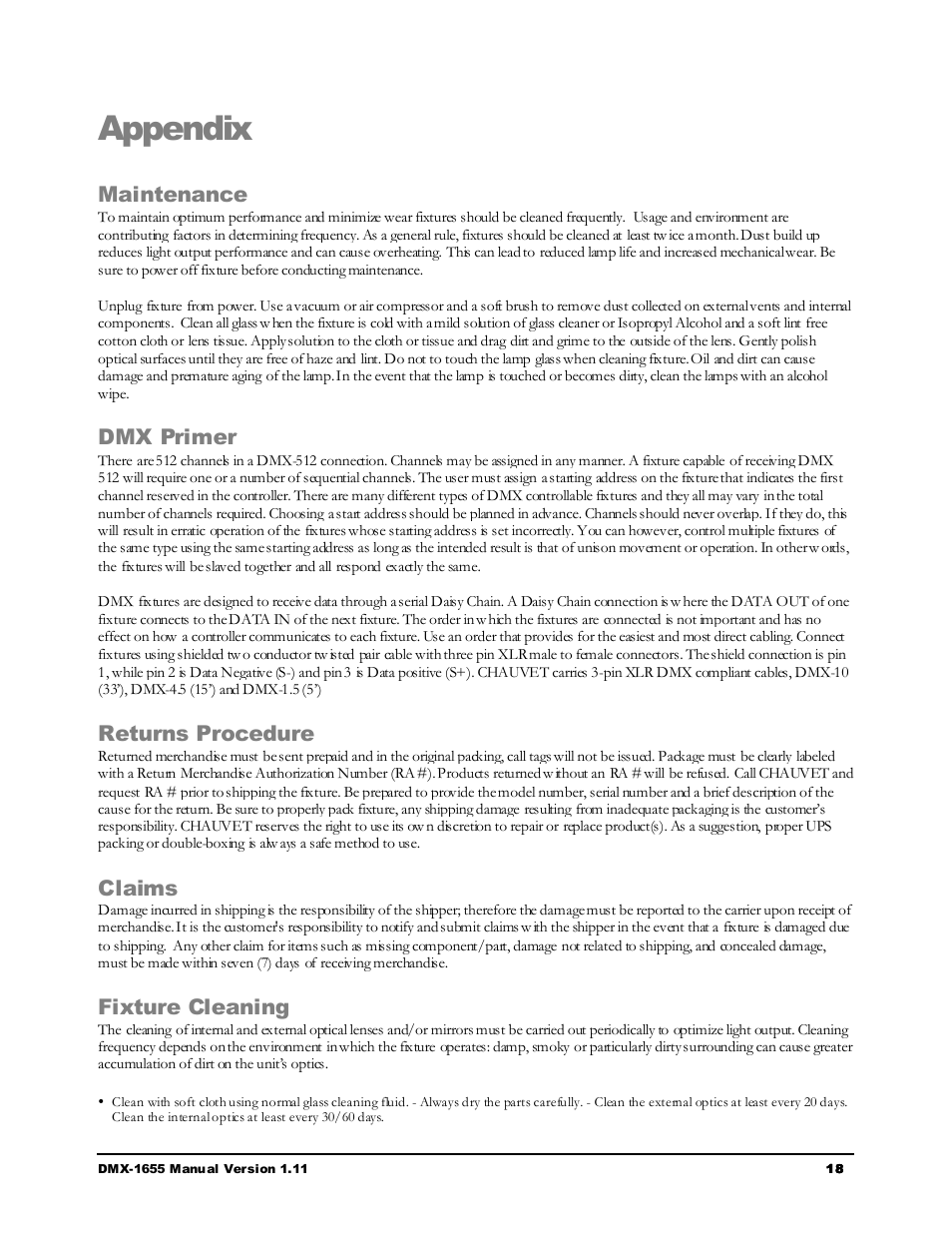 Appendix, Maintenance, Dmx primer | Returns procedure, Claims, Fixture cleaning | Chauvet LEGEND 250RX User Manual | Page 18 / 19