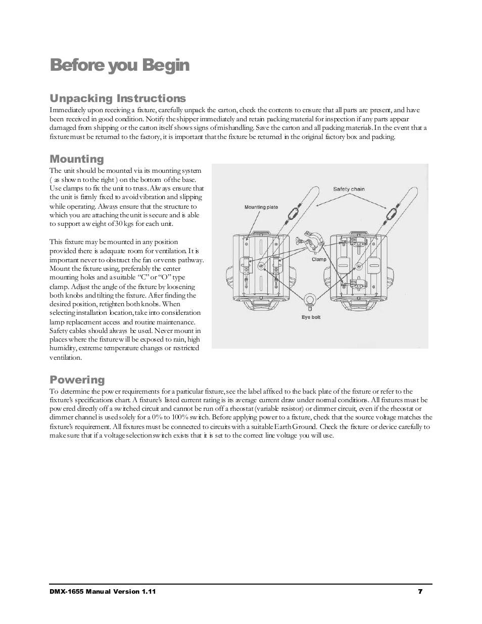 Before you begin, Unpacking instructions, Mounting | Powering | Chauvet LEGEND 250RX User Manual | Page 7 / 19