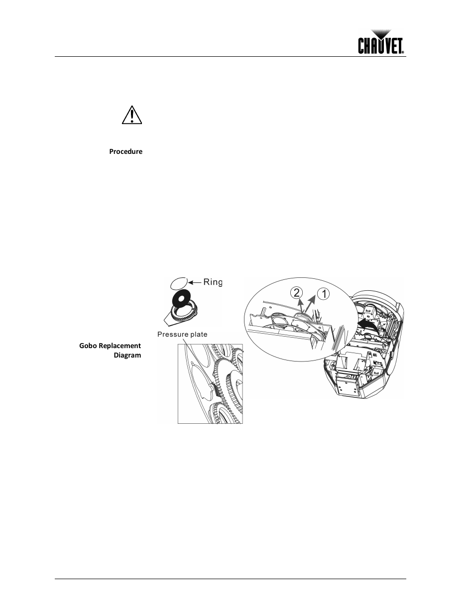 Gobo replacement, Setup, Procedure | Gobo replacement diagram | Chauvet 300E User Manual | Page 12 / 34
