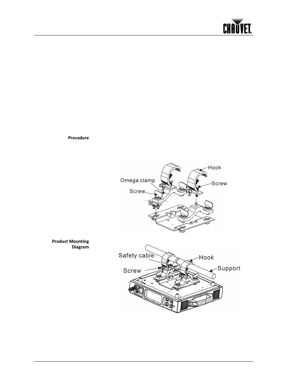 Mounting, Orientation, Rigging | Setup, Procedure, Product mounting diagram | Chauvet 300E User Manual | Page 14 / 34