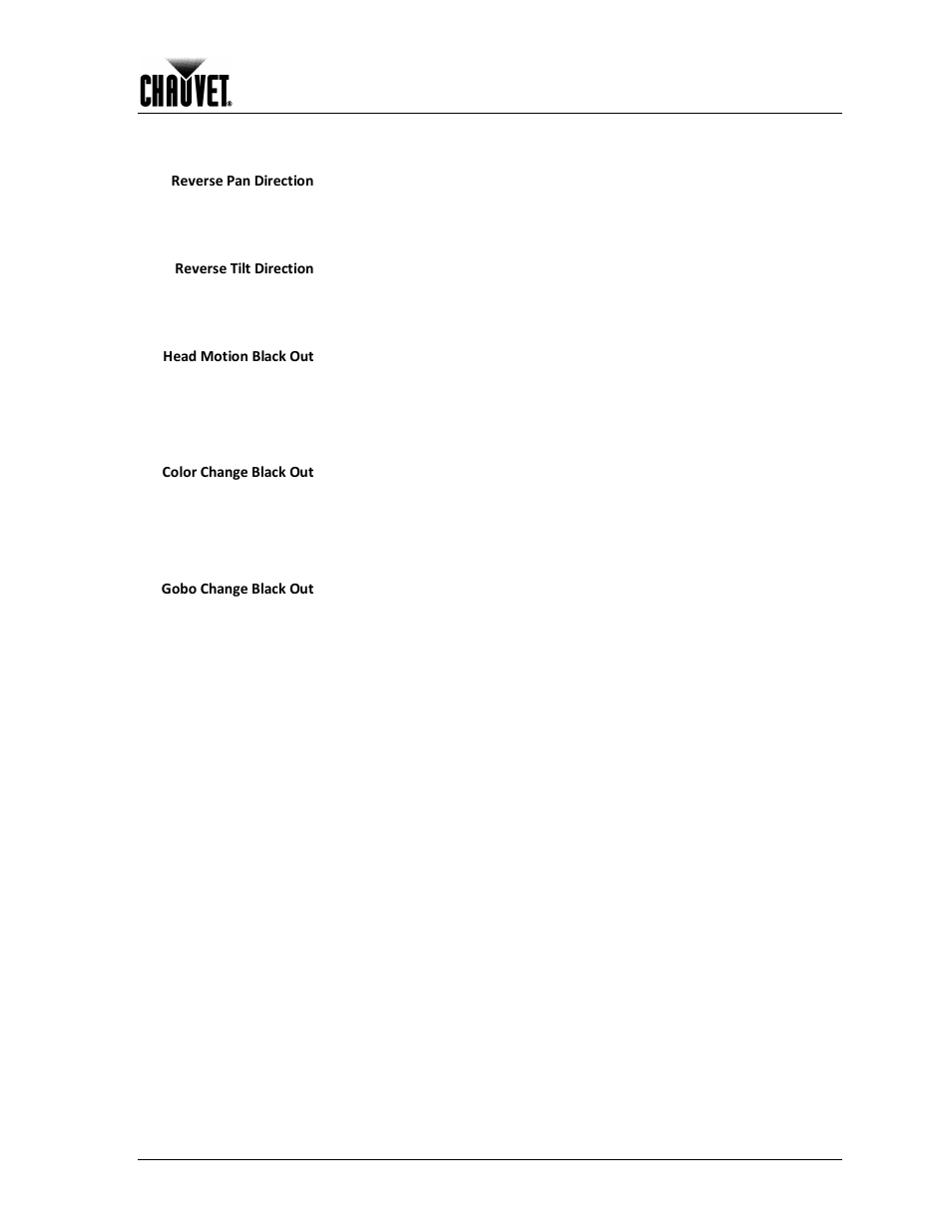Fixture settings, Operation, Reverse pan direction | Reverse tilt direction, Head motion black out, Color change black out, Gobo change black out | Chauvet 300E User Manual | Page 17 / 34