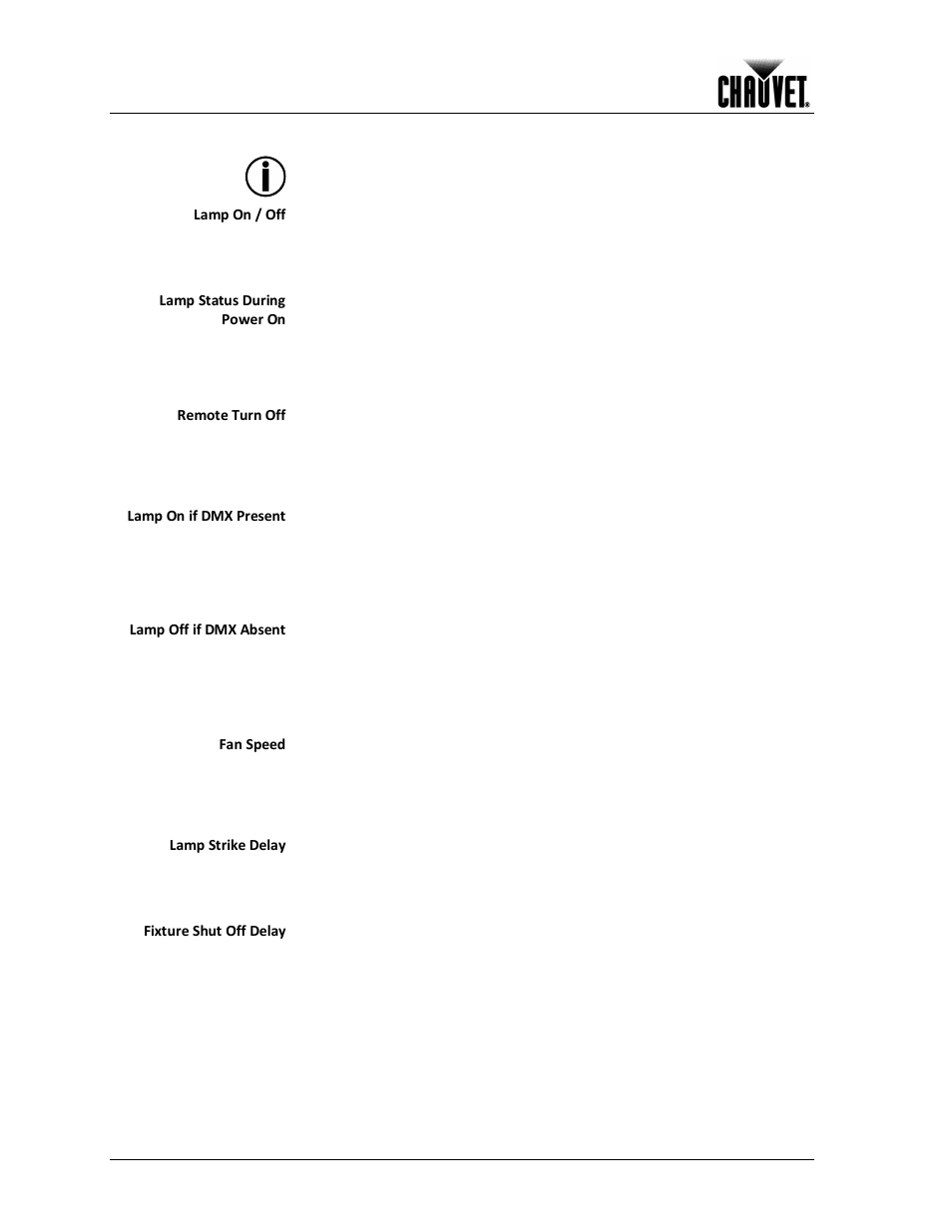 Lamp settings, Operation, Lamp on / off | Lamp status during power on, Remote turn off, Lamp on if dmx present, Lamp off if dmx absent, Fan speed, Lamp strike delay, Fixture shut off delay | Chauvet 300E User Manual | Page 18 / 34