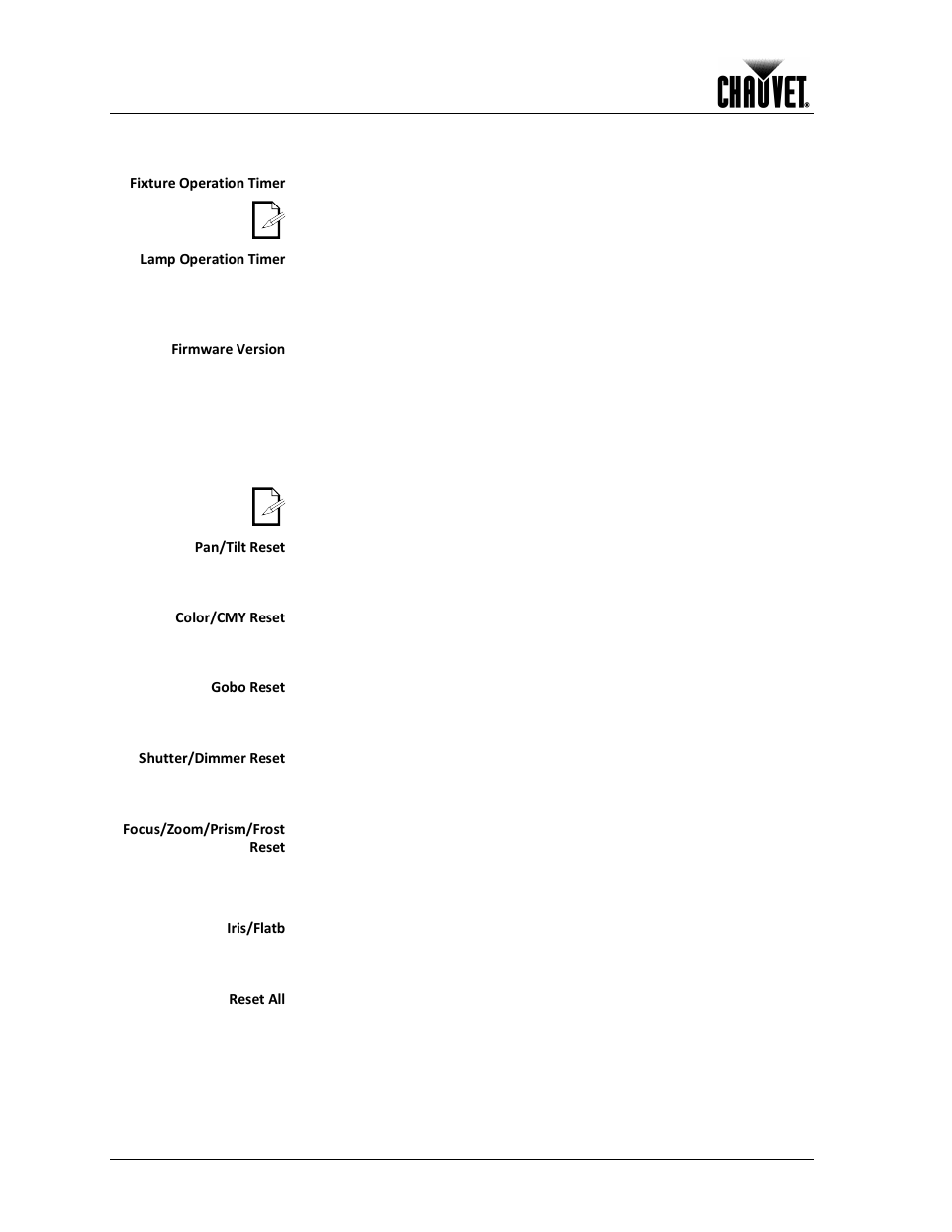 Fixture information, Reset functions, Operation | Fixture operation timer, Lamp operation timer, Firmware version, Pan/tilt reset, Color/cmy reset, Gobo reset, Shutter/dimmer reset | Chauvet 300E User Manual | Page 20 / 34