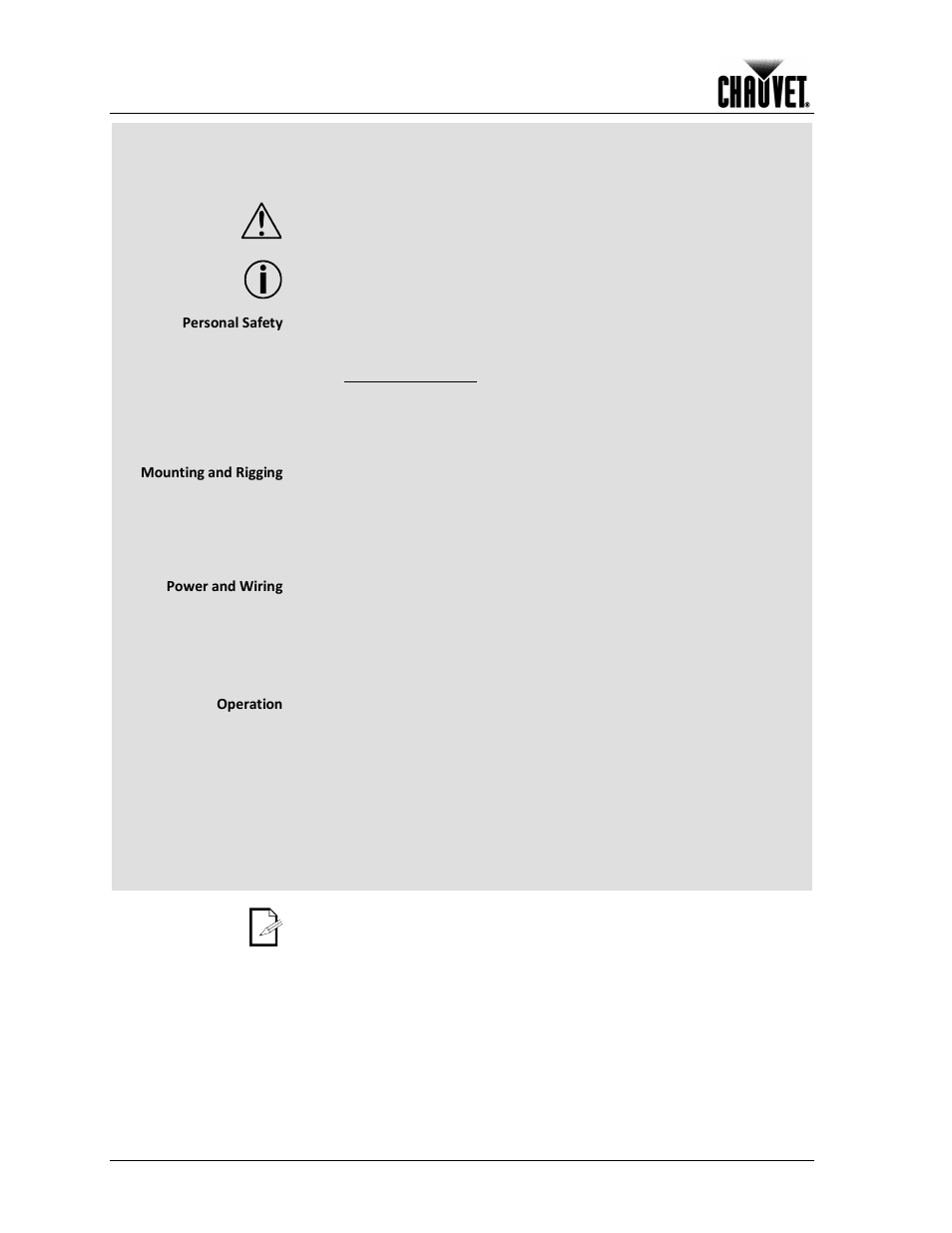 Safety notes, Before you begin, Personal safety | Mounting and rigging, Power and wiring, Operation | Chauvet 300E User Manual | Page 6 / 34