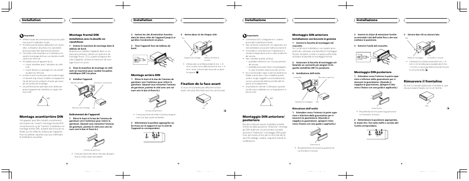 Montage avant/arrière din, Installation, Fixation de la face avant | Montaggio din anteriore/ posteriore, Installazione, Rimuovere il frontalino | Pioneer DEH-2020MP User Manual | Page 3 / 8