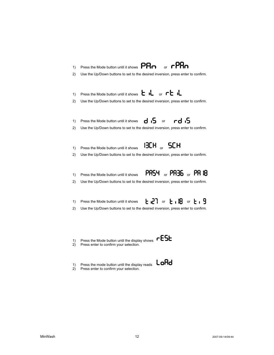 Onfigurations, Service functions, User configurations | Chauvet MINWASH DMX512 User Manual | Page 12 / 21